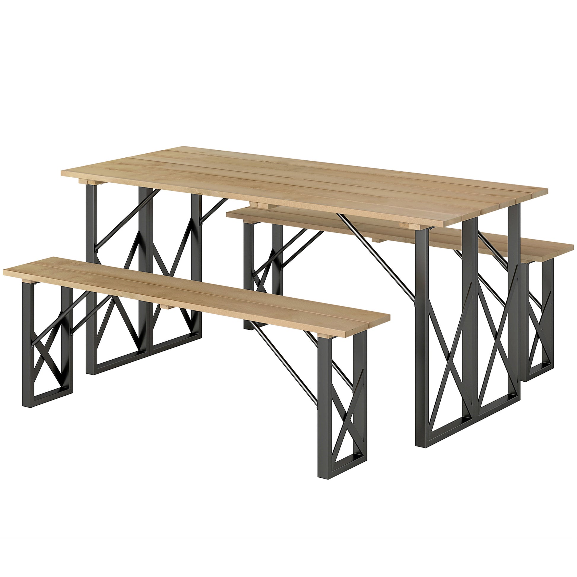 Wooden Table and Benches Set, Wooden Picnic Table with Bench for 6 to 8 People, 160 cm, with 5 cm Parasol Hole, Steel Frame, Brown