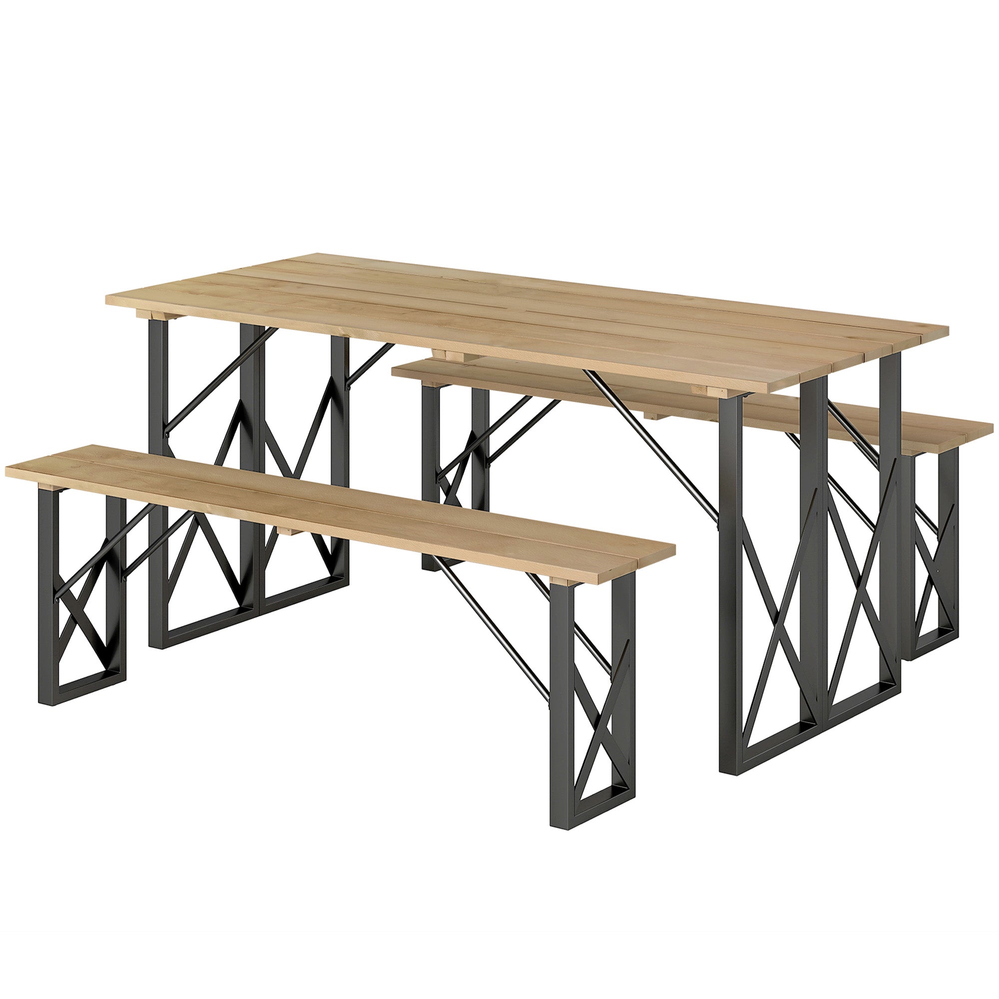 Wooden Table and Benches Set, Wooden Picnic Table with Bench for 6 to 8 People, 160 cm, with 5 cm Parasol Hole, Steel Frame, Brown