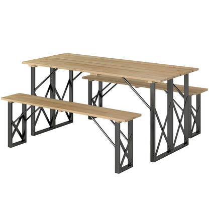 Wooden Table and Benches Set, Wooden Picnic Table with Bench for 6 to 8 People, 160 cm, with 5 cm Parasol Hole, Steel Frame, Brown