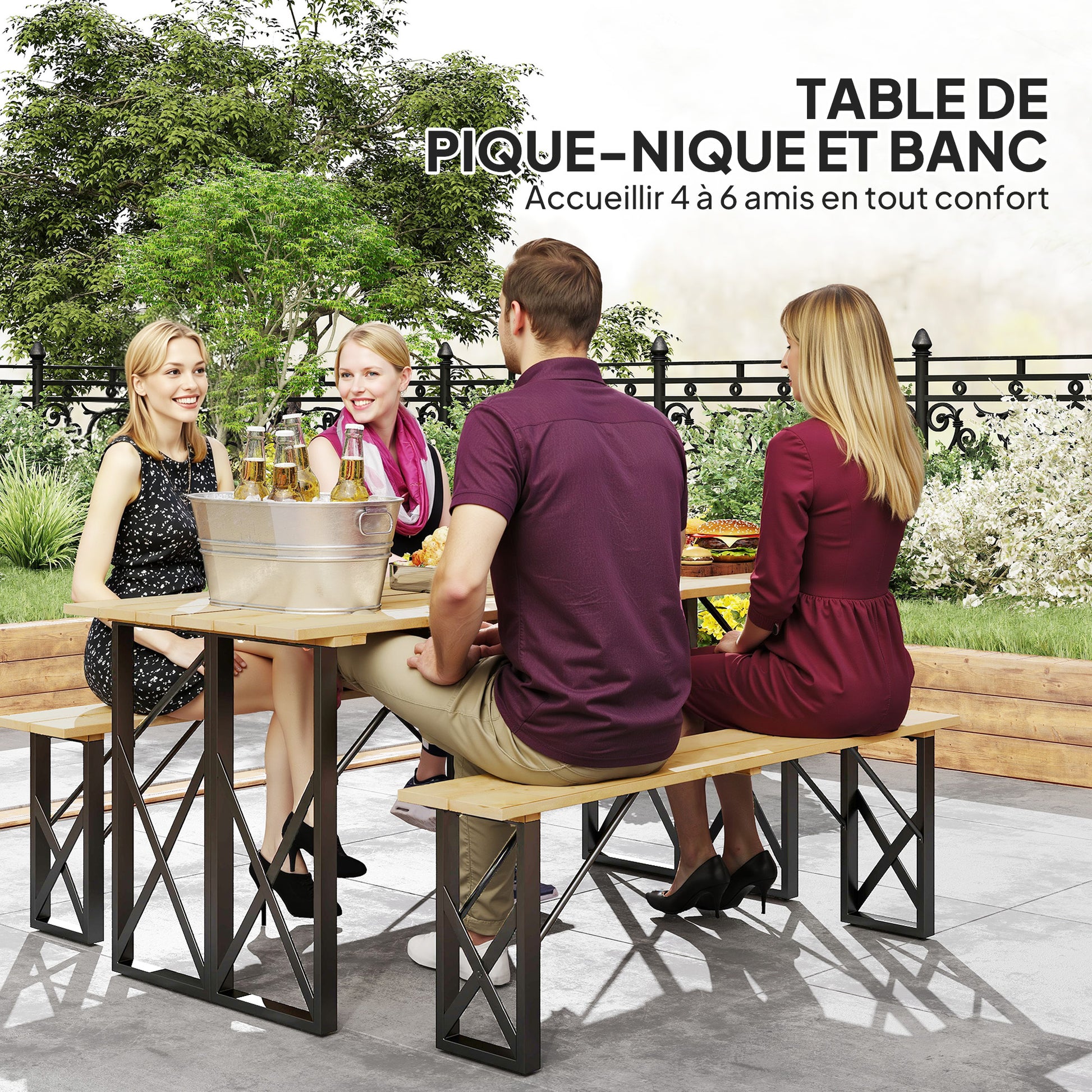 Wooden Table and Benches Set, Wooden Picnic Table with Bench for 6 to 8 People, 160 cm, with 5 cm Parasol Hole, Steel Frame, Brown