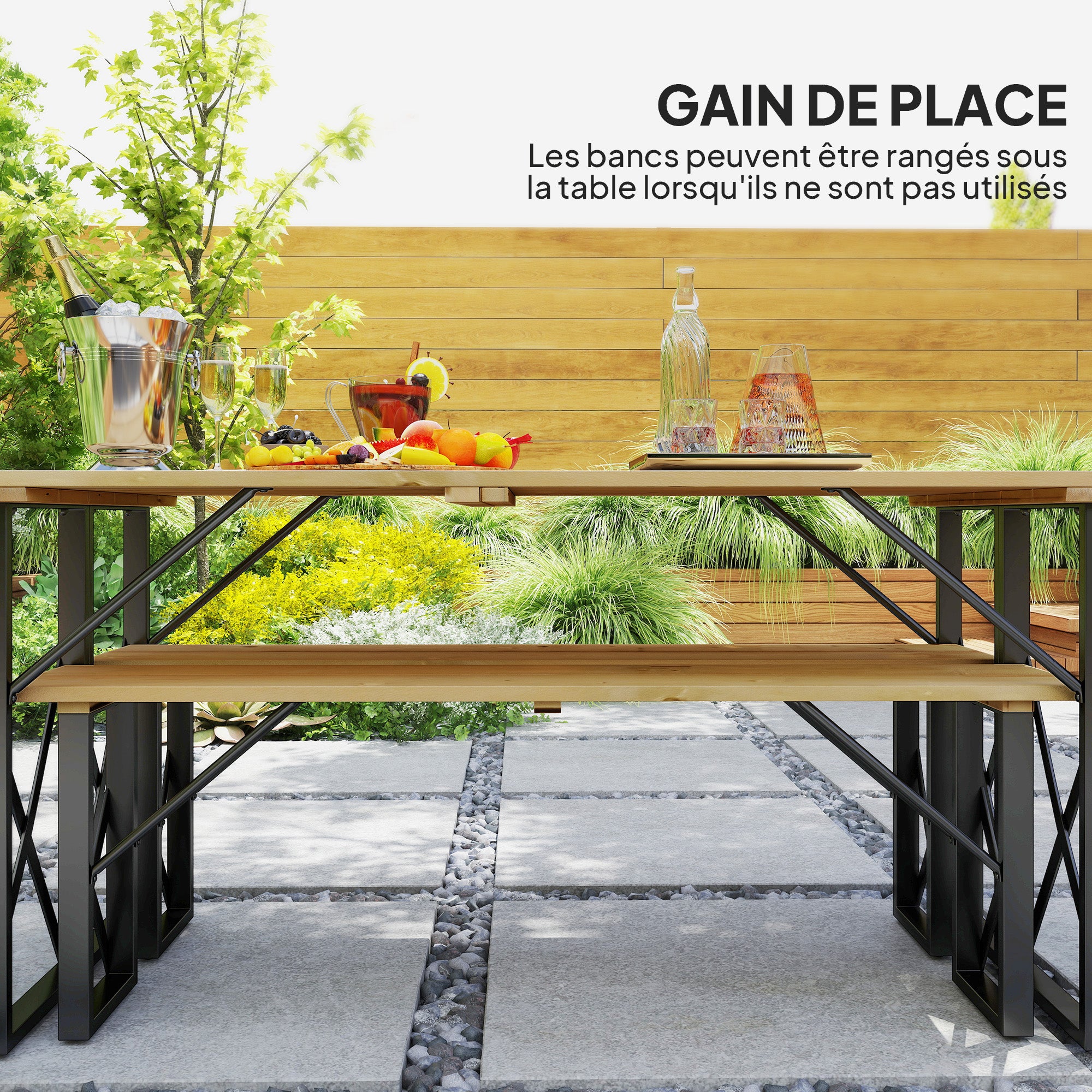 Wooden Table and Benches Set, Wooden Picnic Table with Bench for 6 to 8 People, 160 cm, with 5 cm Parasol Hole, Steel Frame, Brown