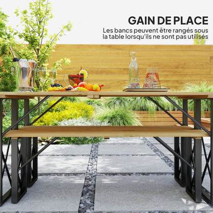 Wooden Table and Benches Set, Wooden Picnic Table with Bench for 6 to 8 People, 160 cm, with 5 cm Parasol Hole, Steel Frame, Brown
