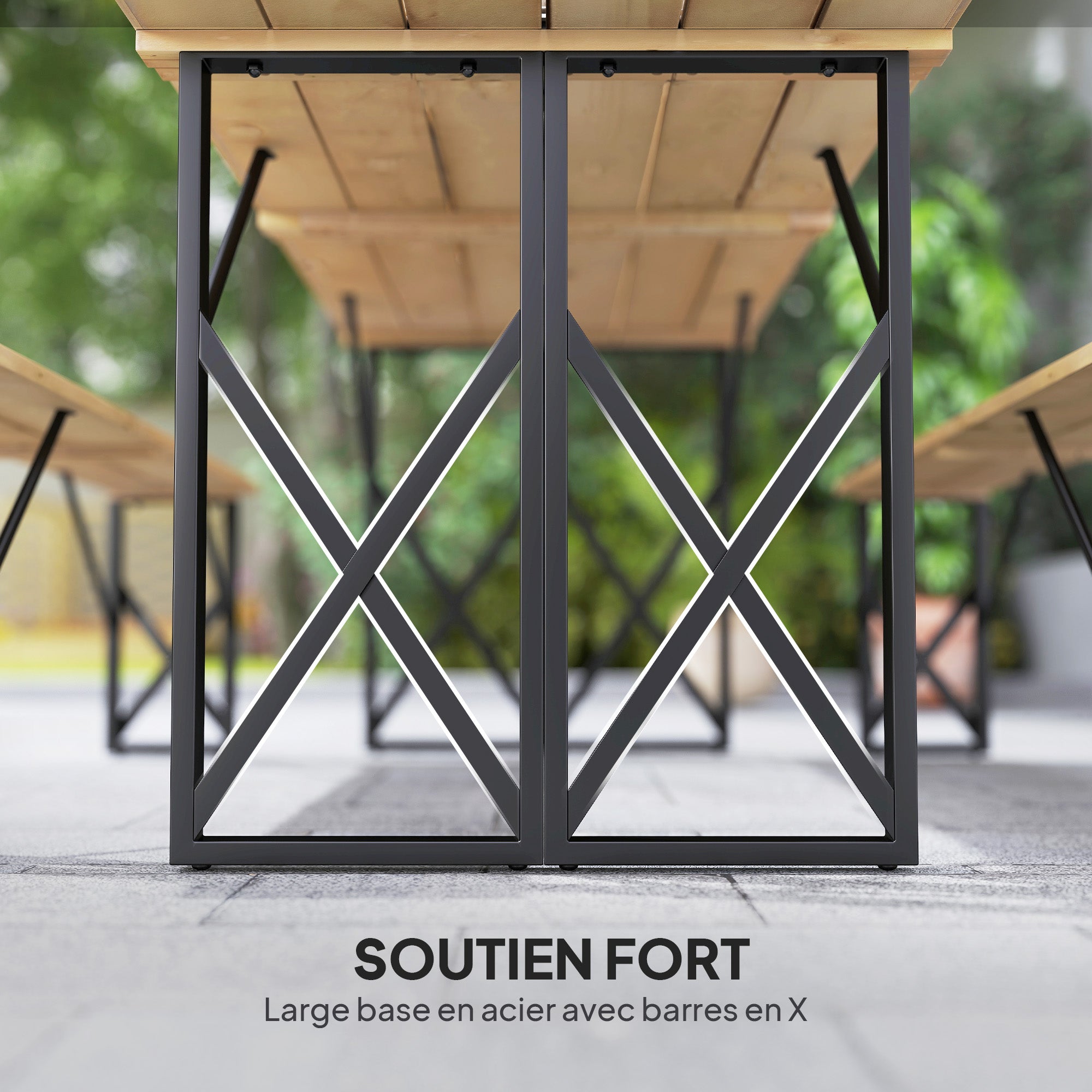 Wooden Table and Benches Set, Wooden Picnic Table with Bench for 6 to 8 People, 160 cm, with 5 cm Parasol Hole, Steel Frame, Brown