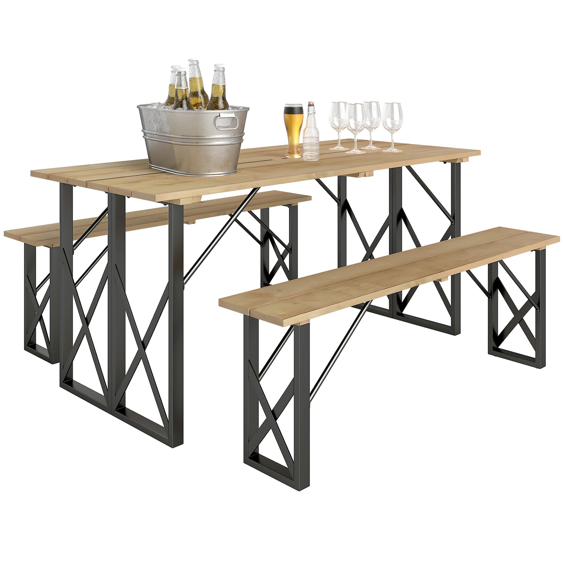Wooden Table and Benches Set, Wooden Picnic Table with Bench for 6 to 8 People, 160 cm, with 5 cm Parasol Hole, Steel Frame, Brown