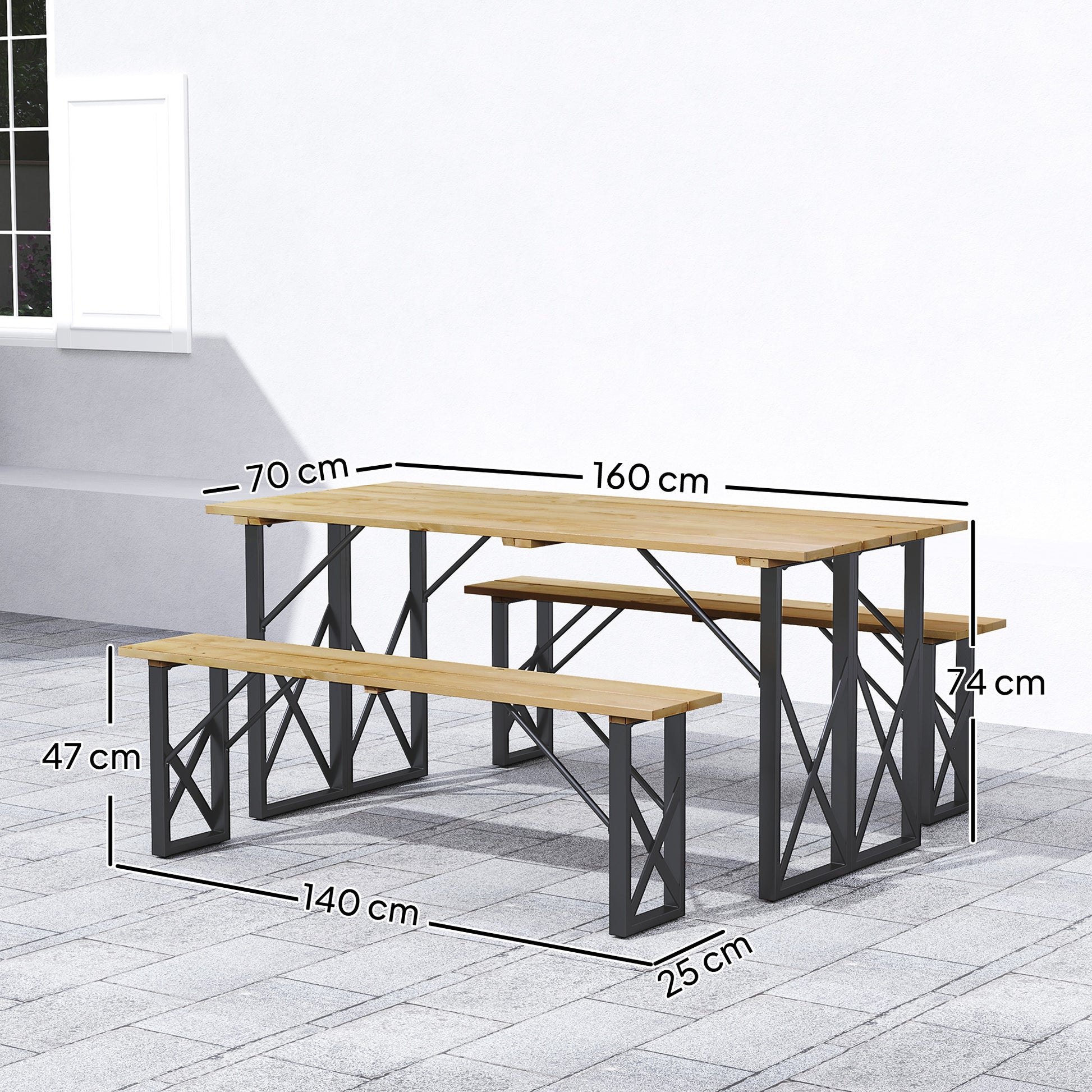 Wooden Table and Benches Set, Wooden Picnic Table with Bench for 6 to 8 People, 160 cm, with 5 cm Parasol Hole, Steel Frame, Brown