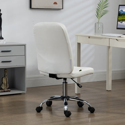 Armless Office Chair Swivel Faux Leather Desk Chair with Adjustable Height Modern Style Holds 120 kg 45x59x90-100 cm White