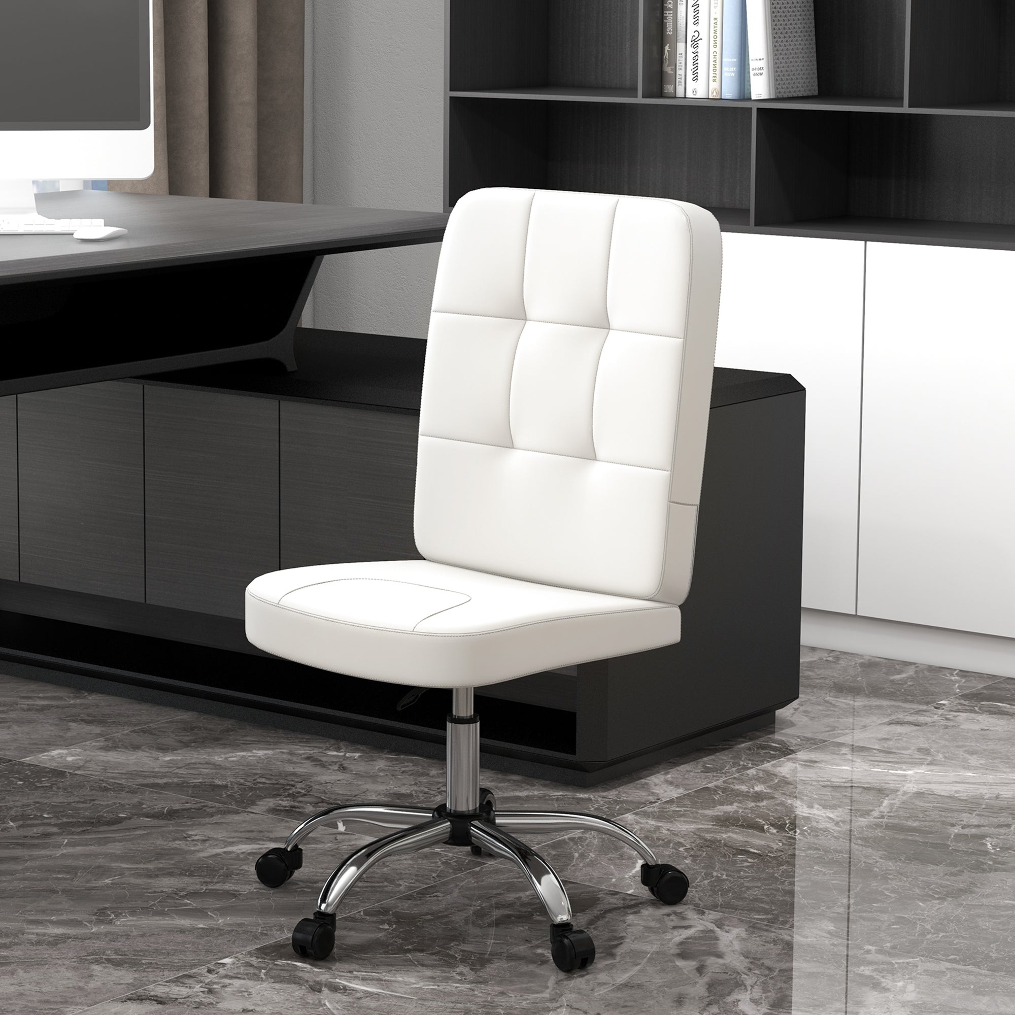 Armless Office Chair Swivel Faux Leather Desk Chair with Adjustable Height Modern Style Holds 120 kg 45x59x90-100 cm White