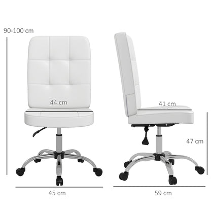 Armless Office Chair Swivel Faux Leather Desk Chair with Adjustable Height Modern Style Holds 120 kg 45x59x90-100 cm White