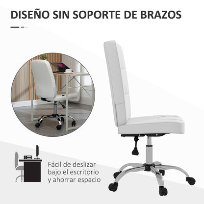 Armless Office Chair Swivel Faux Leather Desk Chair with Adjustable Height Modern Style Holds 120 kg 45x59x90-100 cm White