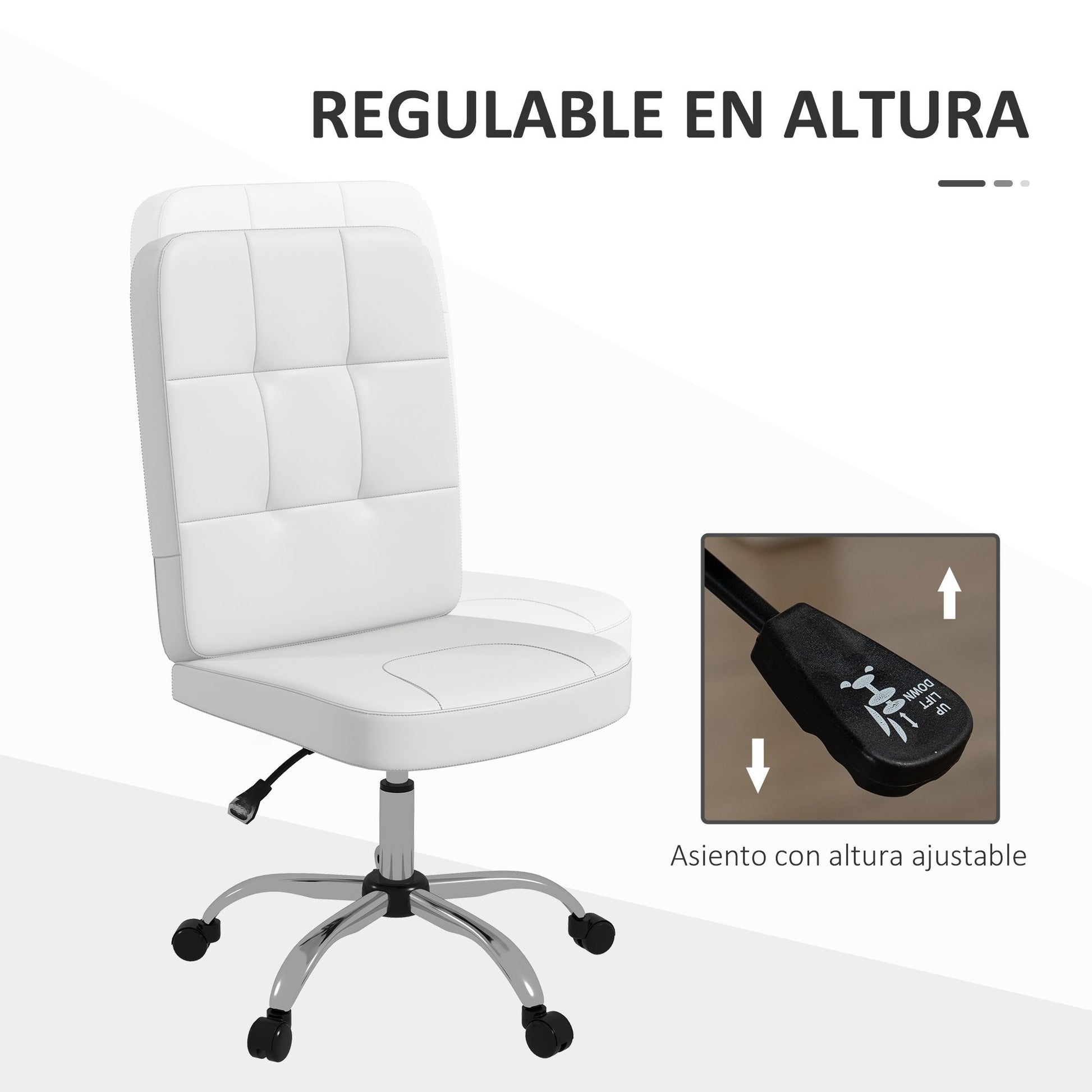 Armless Office Chair Swivel Faux Leather Desk Chair with Adjustable Height Modern Style Holds 120 kg 45x59x90-100 cm White