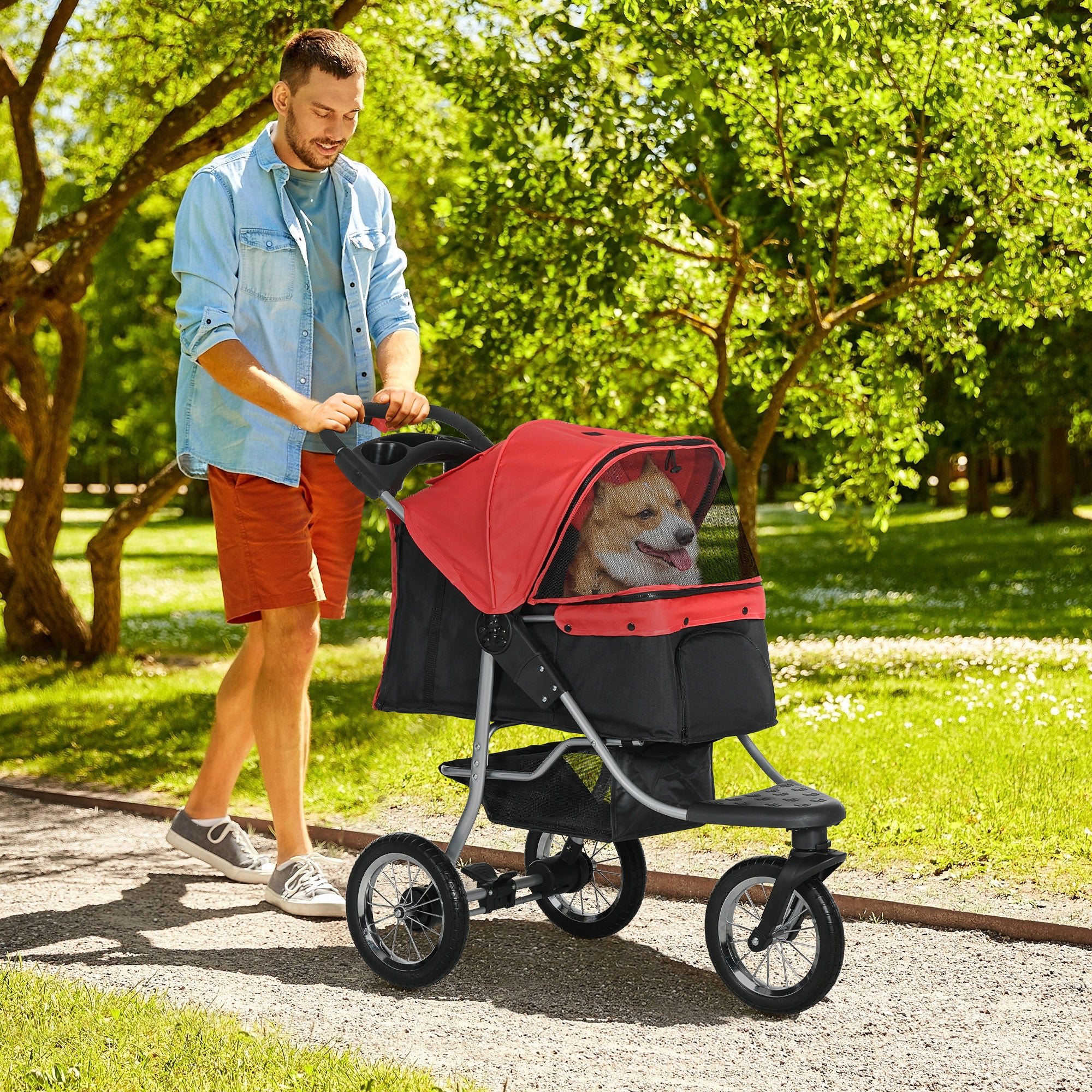 folding pet stroller dog buggy for dogs & cats up to 10 kg cat stroller with mesh windows cup holder storage basket cat stroller buggy Red