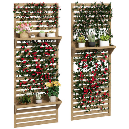 Set of 2 Indoor Plant Stands Indoor Plant Stand with Hanging Shelves for Plants and Lattice Trellis for Climbing for Balcony and Terrace in Solid Wood Natural Wood