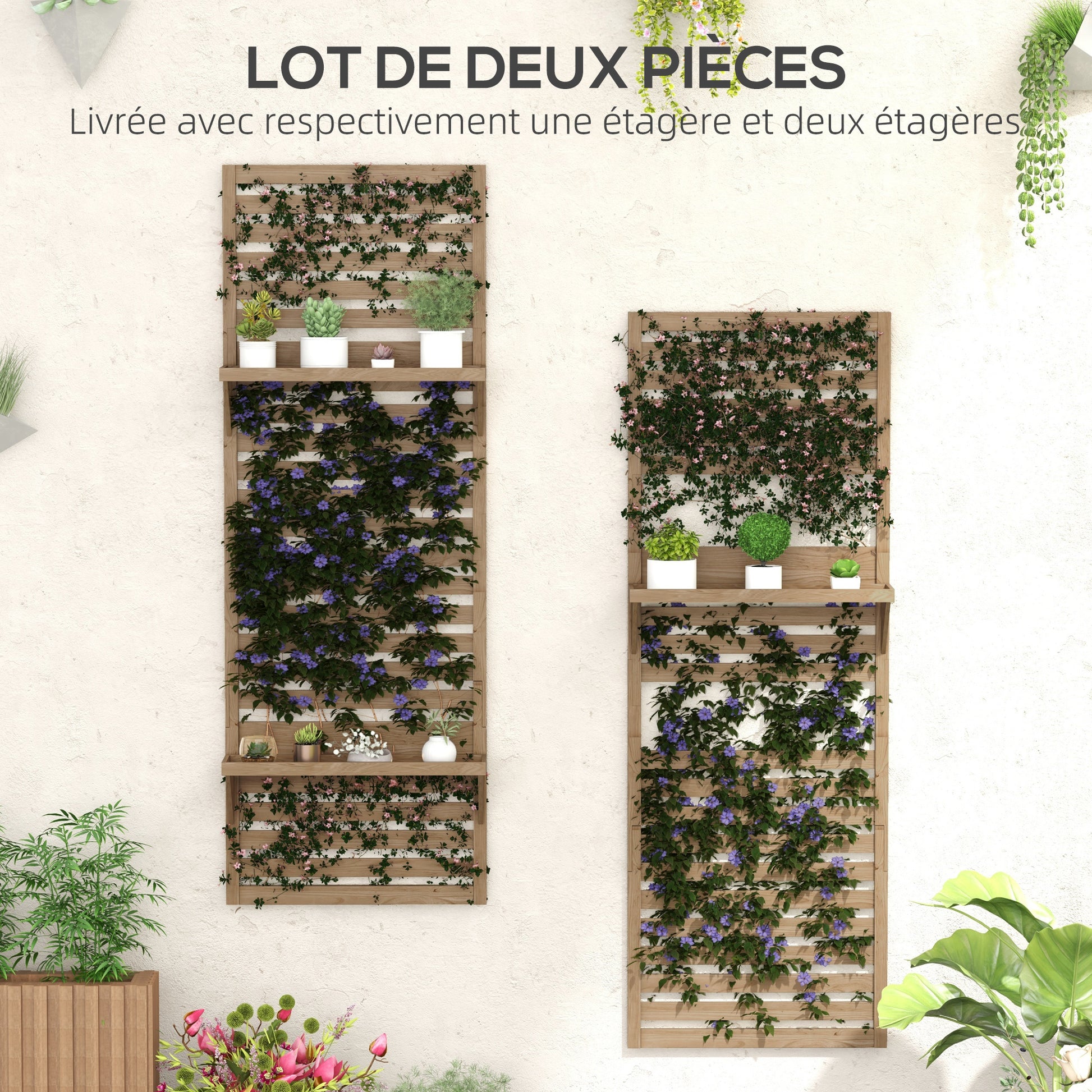 Set of 2 Indoor Plant Stands Indoor Plant Stand with Hanging Shelves for Plants and Lattice Trellis for Climbing for Balcony and Terrace in Solid Wood Natural Wood