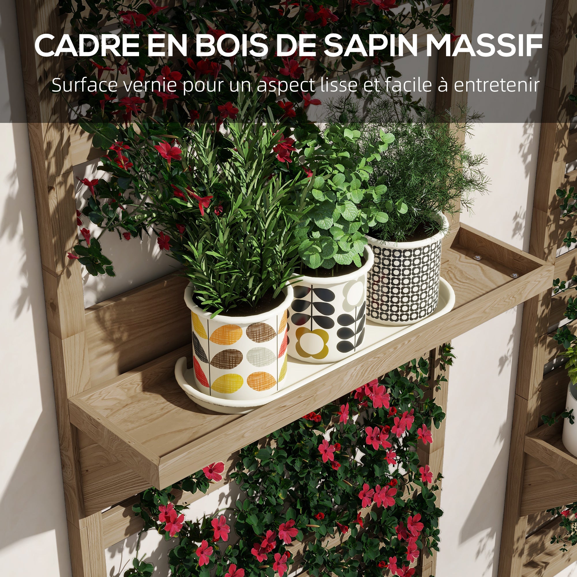 Set of 2 Indoor Plant Stands Indoor Plant Stand with Hanging Shelves for Plants and Lattice Trellis for Climbing for Balcony and Terrace in Solid Wood Natural Wood