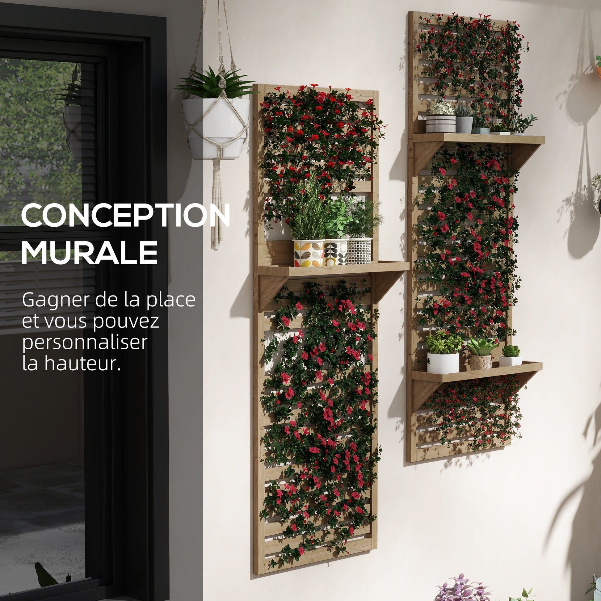 Set of 2 Indoor Plant Stands Indoor Plant Stand with Hanging Shelves for Plants and Lattice Trellis for Climbing for Balcony and Terrace in Solid Wood Natural Wood