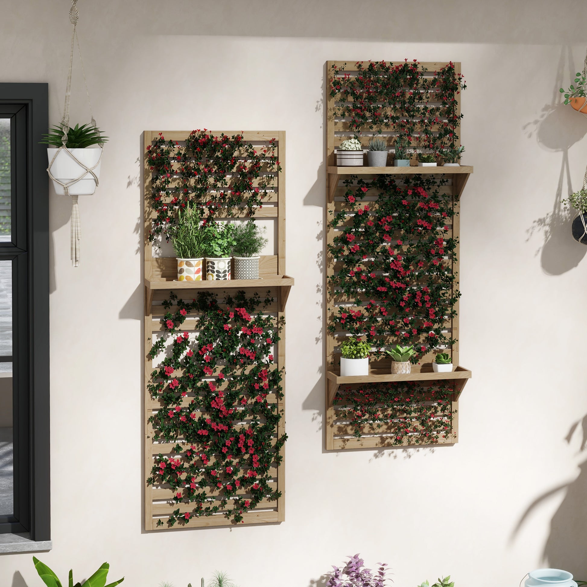 Set of 2 Indoor Plant Stands Indoor Plant Stand with Hanging Shelves for Plants and Lattice Trellis for Climbing for Balcony and Terrace in Solid Wood Natural Wood