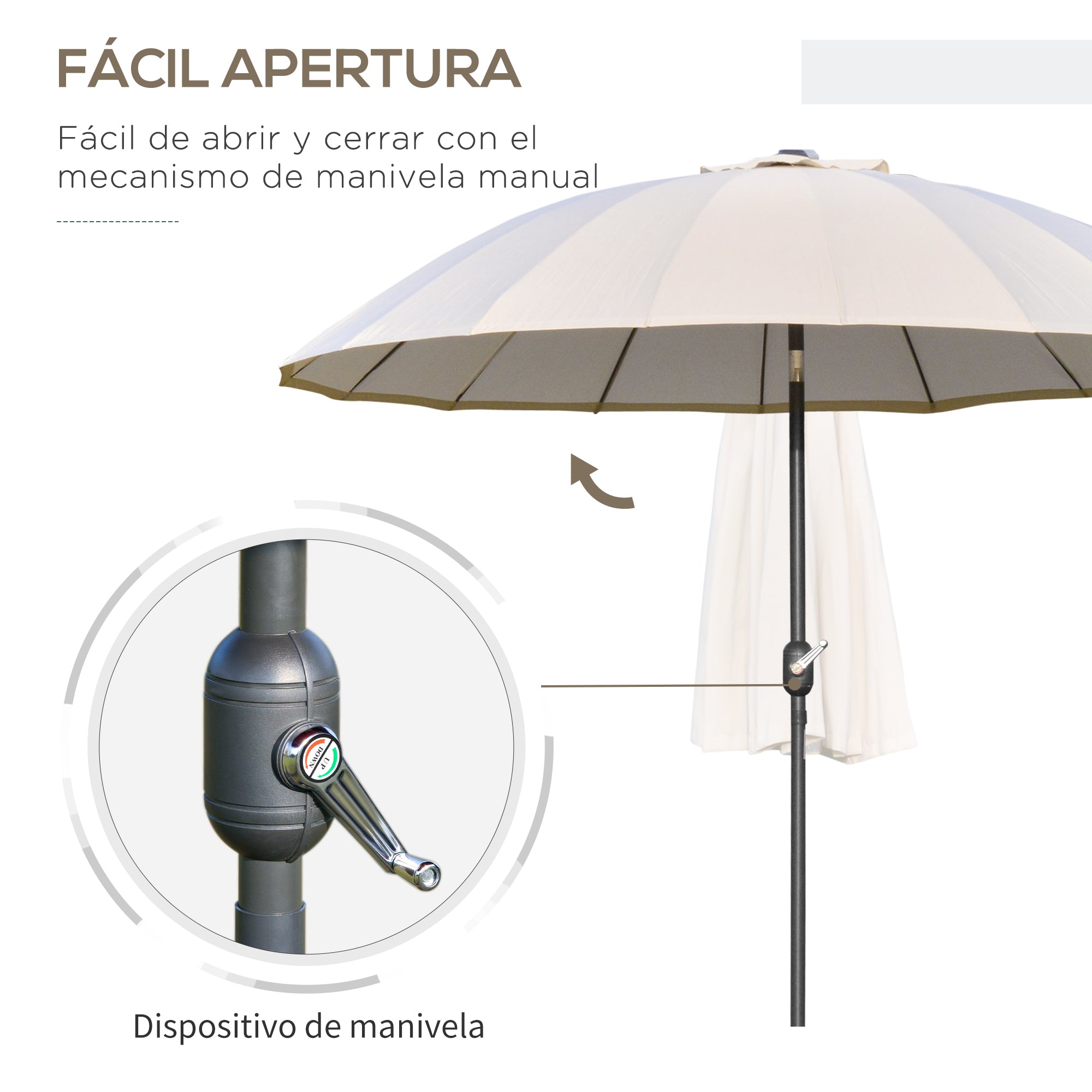 Terrace Umbrella Ø250 cm Outdoor Garden Umbrella with Adjustable Angle 18 Rods and Crank Waterproof Sunshade for Patio Terrace Cream