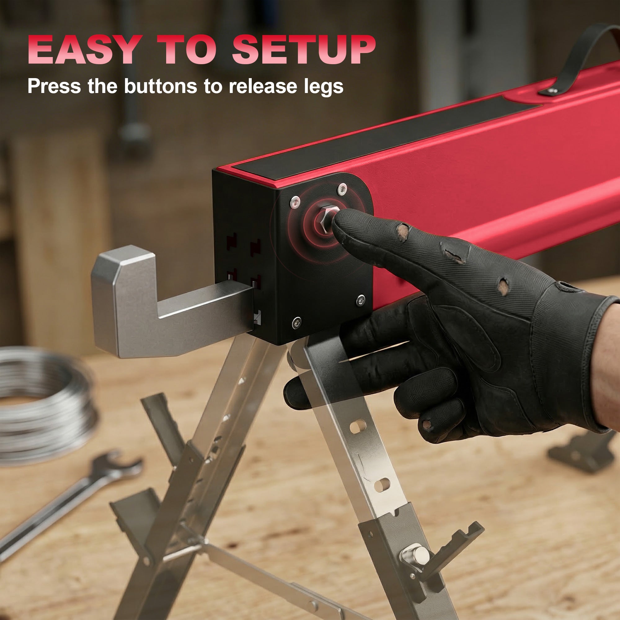 2-Pack Folding Sawhorses — Heavy-Duty Metal Work Stands, 1,160 kg Pair Capacity, 7-Position Height (64–81 cm), Red