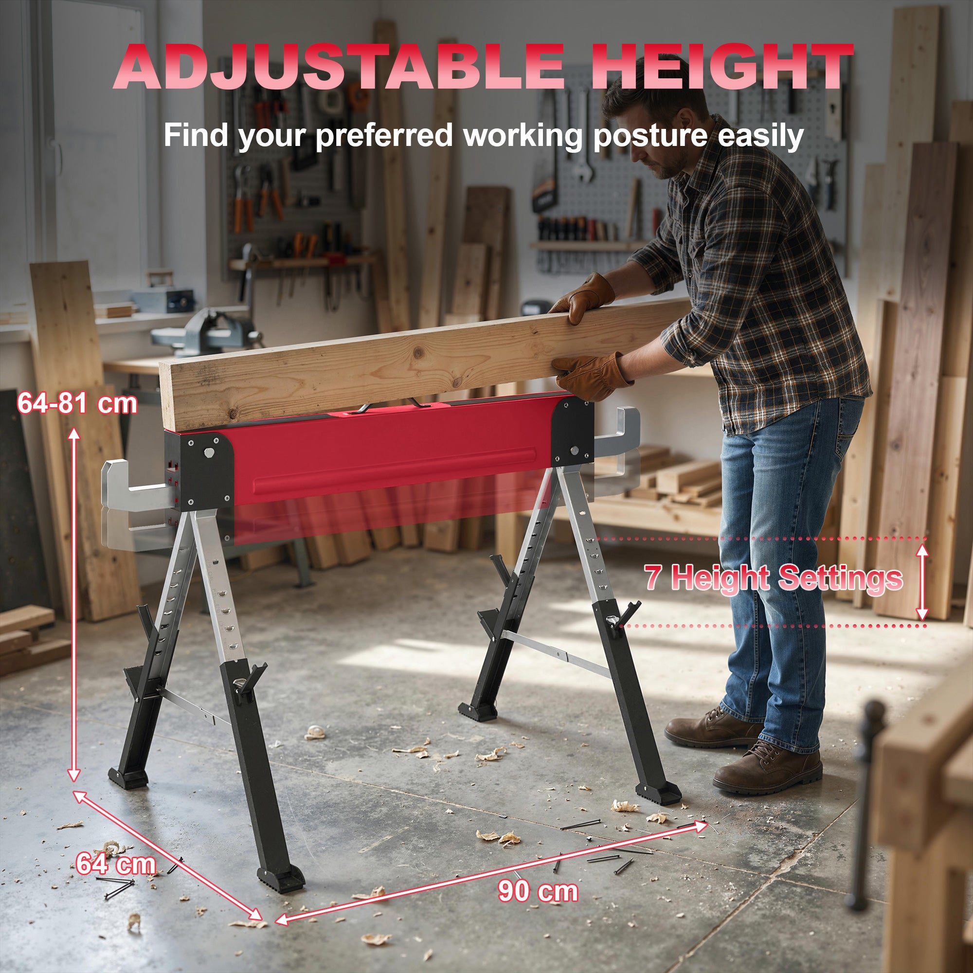 2-Pack Folding Sawhorses — Heavy-Duty Metal Work Stands, 1,160 kg Pair Capacity, 7-Position Height (64–81 cm), Red