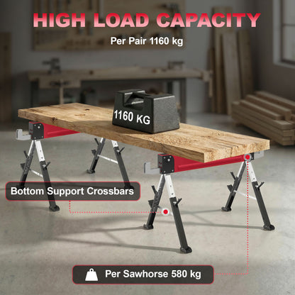2-Pack Folding Sawhorses — Heavy-Duty Metal Work Stands, 1,160 kg Pair Capacity, 7-Position Height (64–81 cm), Red