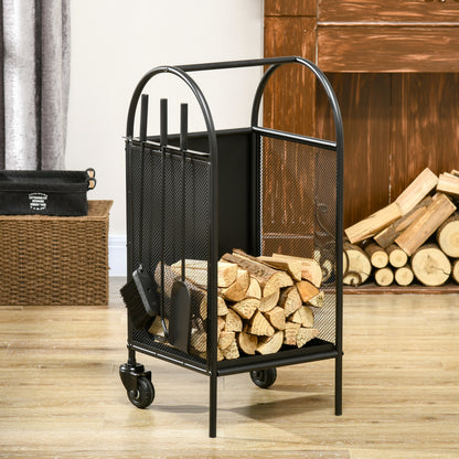 Firewood Cart with Wheels, Log Storage Rack, Fireplace Log Holder with Accessories, Shovel, Broom, and Poker, Indoor Outdoor, 37.5 x 37.5 x 80 cm, Black