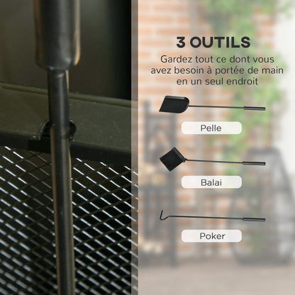 Firewood Cart with Wheels, Log Storage Rack, Fireplace Log Holder with Accessories, Shovel, Broom, and Poker, Indoor Outdoor, 37.5 x 37.5 x 80 cm, Black