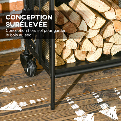 Firewood Cart with Wheels, Log Storage Rack, Fireplace Log Holder with Accessories, Shovel, Broom, and Poker, Indoor Outdoor, 37.5 x 37.5 x 80 cm, Black