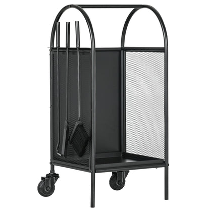Firewood Cart with Wheels, Log Storage Rack, Fireplace Log Holder with Accessories, Shovel, Broom, and Poker, Indoor Outdoor, 37.5 x 37.5 x 80 cm, Black