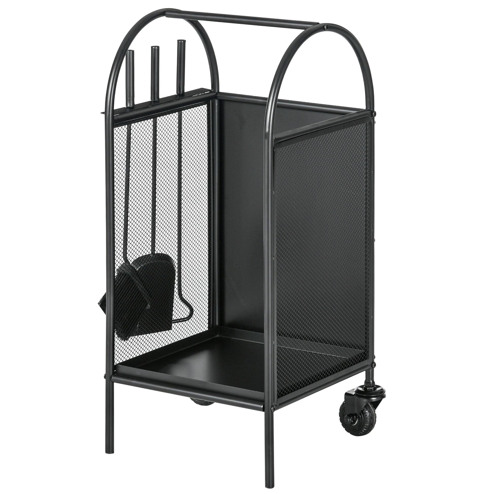 Firewood Cart with Wheels, Log Storage Rack, Fireplace Log Holder with Accessories, Shovel, Broom, and Poker, Indoor Outdoor, 37.5 x 37.5 x 80 cm, Black