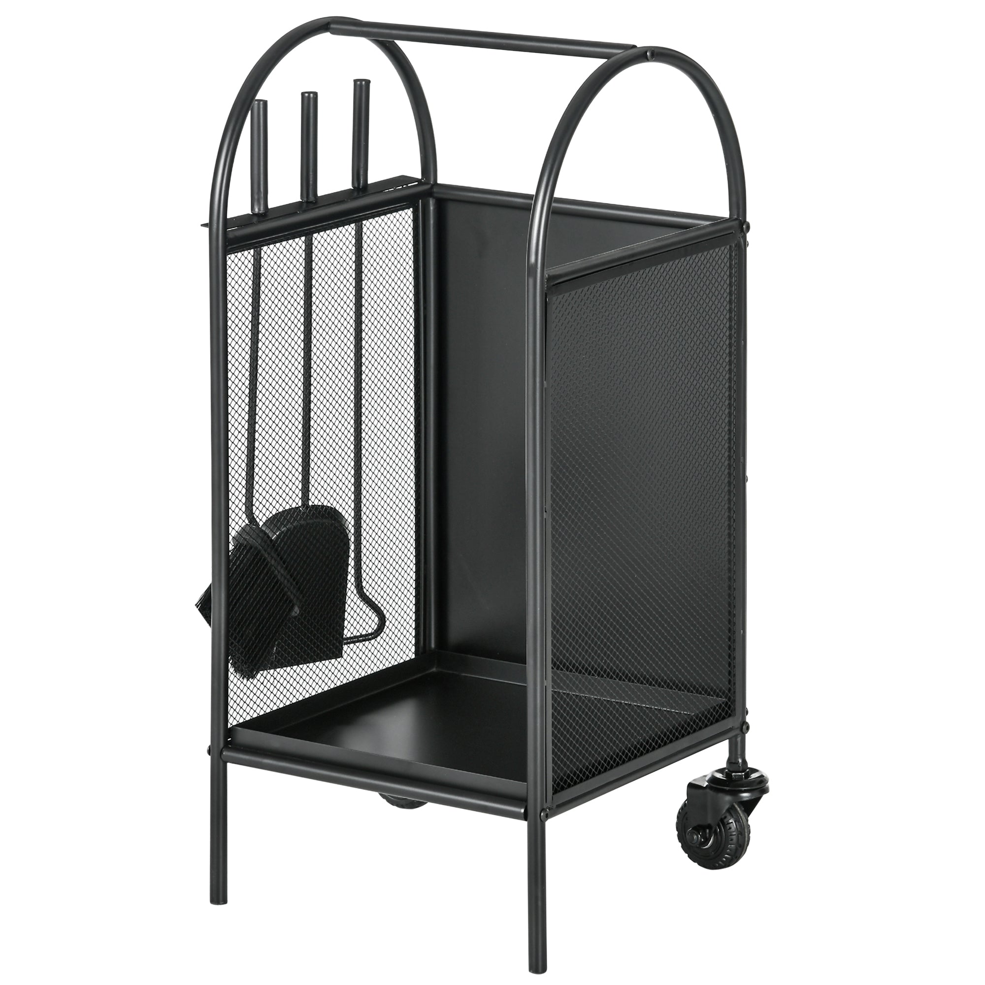 Firewood Cart with Wheels, Log Storage Rack, Fireplace Log Holder with Accessories, Shovel, Broom, and Poker, Indoor Outdoor, 37.5 x 37.5 x 80 cm, Black