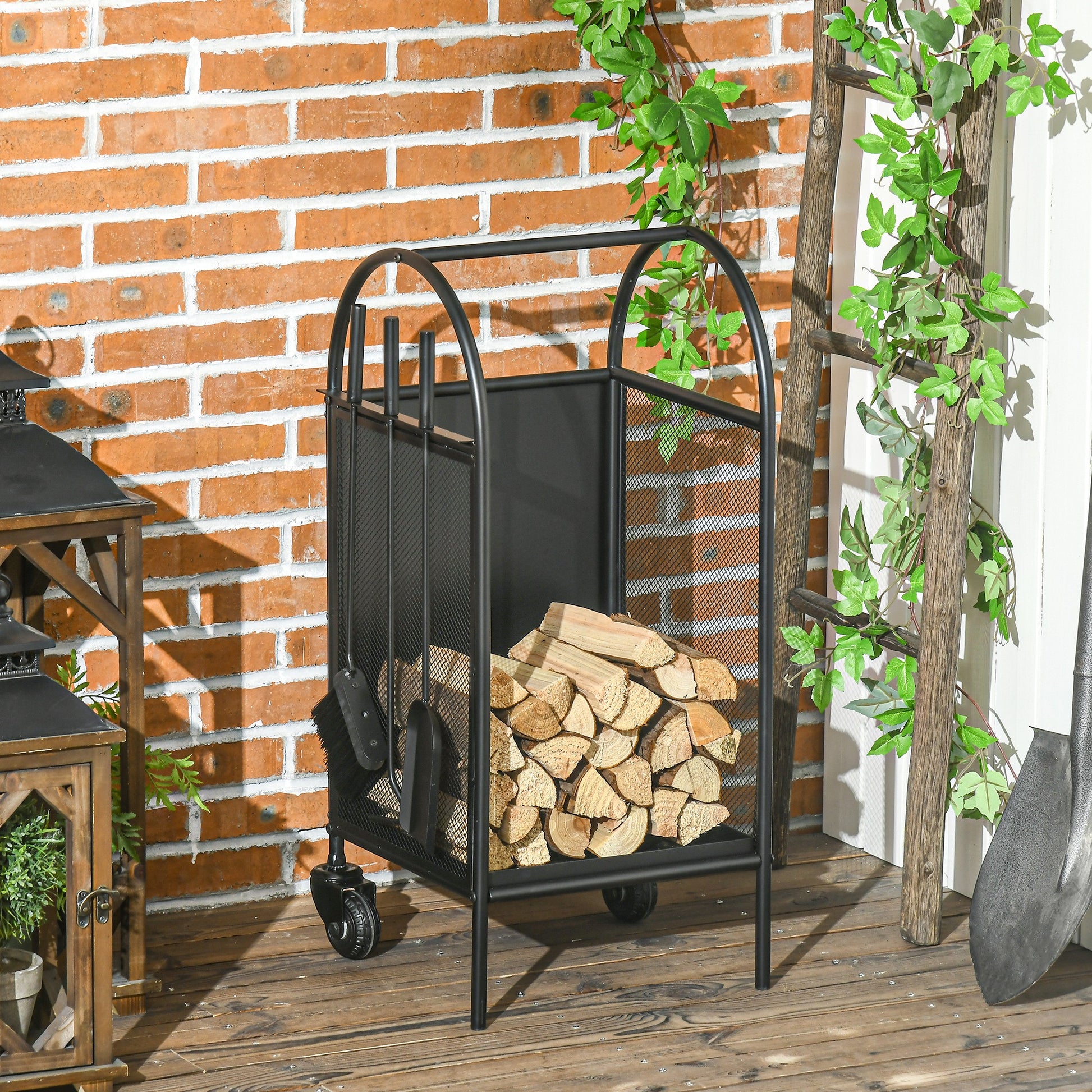 Firewood Cart with Wheels, Log Storage Rack, Fireplace Log Holder with Accessories, Shovel, Broom, and Poker, Indoor Outdoor, 37.5 x 37.5 x 80 cm, Black