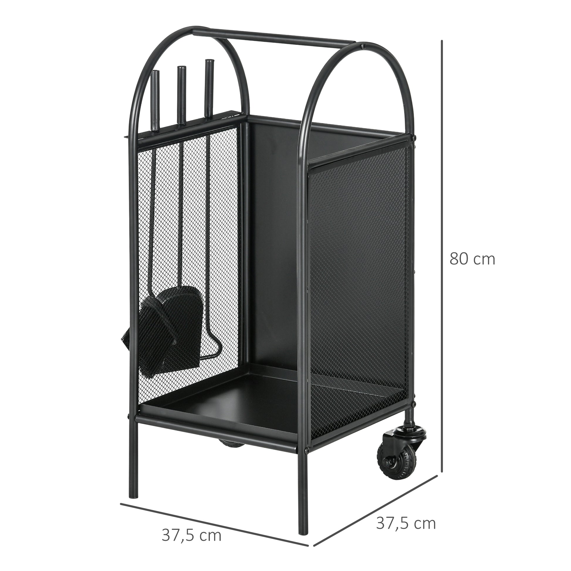 Firewood Cart with Wheels, Log Storage Rack, Fireplace Log Holder with Accessories, Shovel, Broom, and Poker, Indoor Outdoor, 37.5 x 37.5 x 80 cm, Black