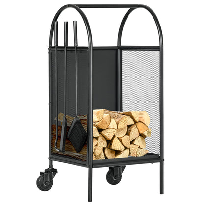 Firewood Cart with Wheels, Log Storage Rack, Fireplace Log Holder with Accessories, Shovel, Broom, and Poker, Indoor Outdoor, 37.5 x 37.5 x 80 cm, Black