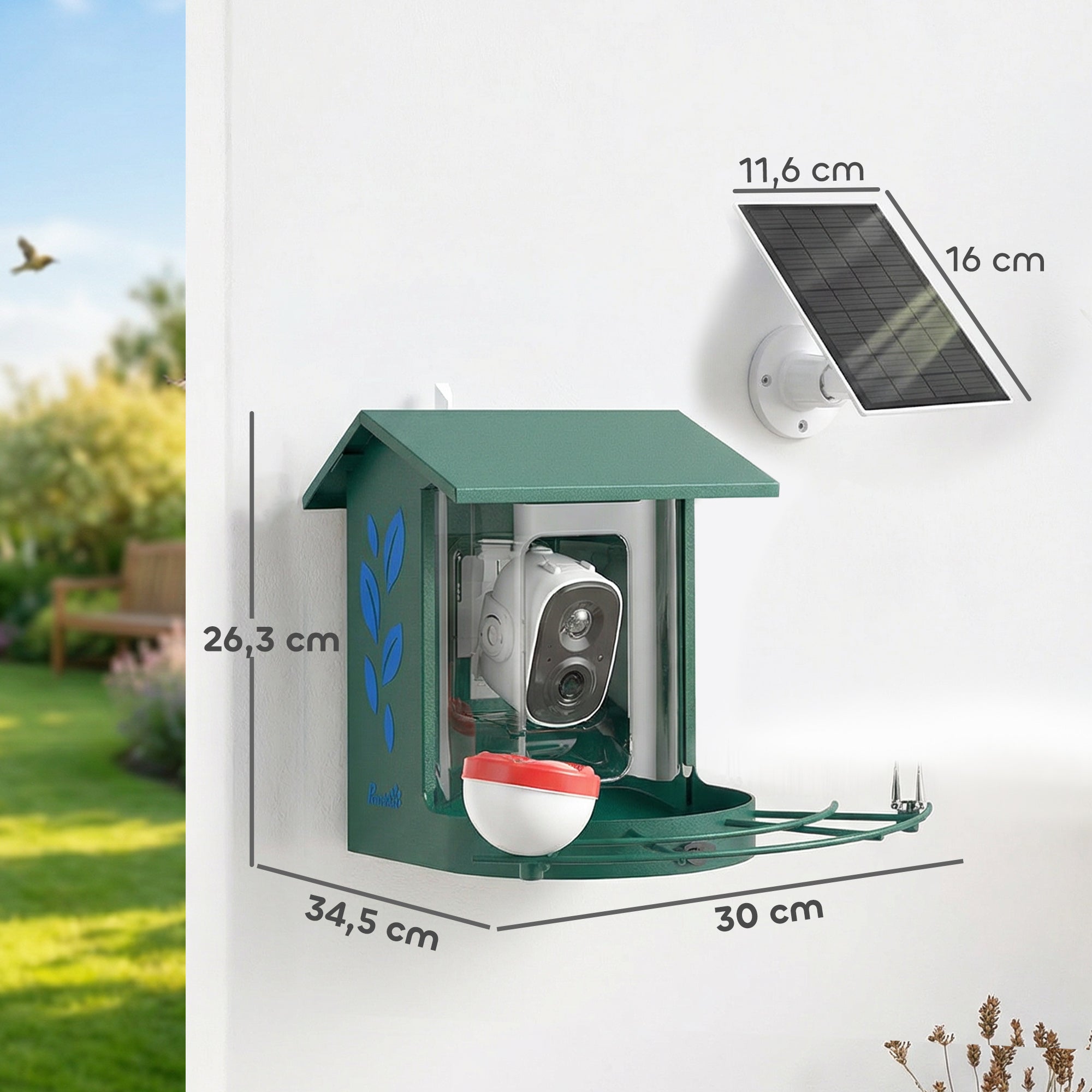 AI Bird Feeder with Camera — Identifies 16,000+ Species, 2K HD Video, App Alerts, 3W Solar Panel, 32GB SD, Dark Green