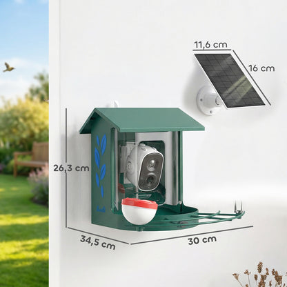 AI Bird Feeder with Camera — Identifies 16,000+ Species, 2K HD Video, App Alerts, 3W Solar Panel, 32GB SD, Dark Green
