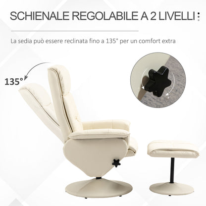 Reclining Relax Chair up to 135° with Swivel Seat and Matching Footstool, 78x84x110cm, Cream