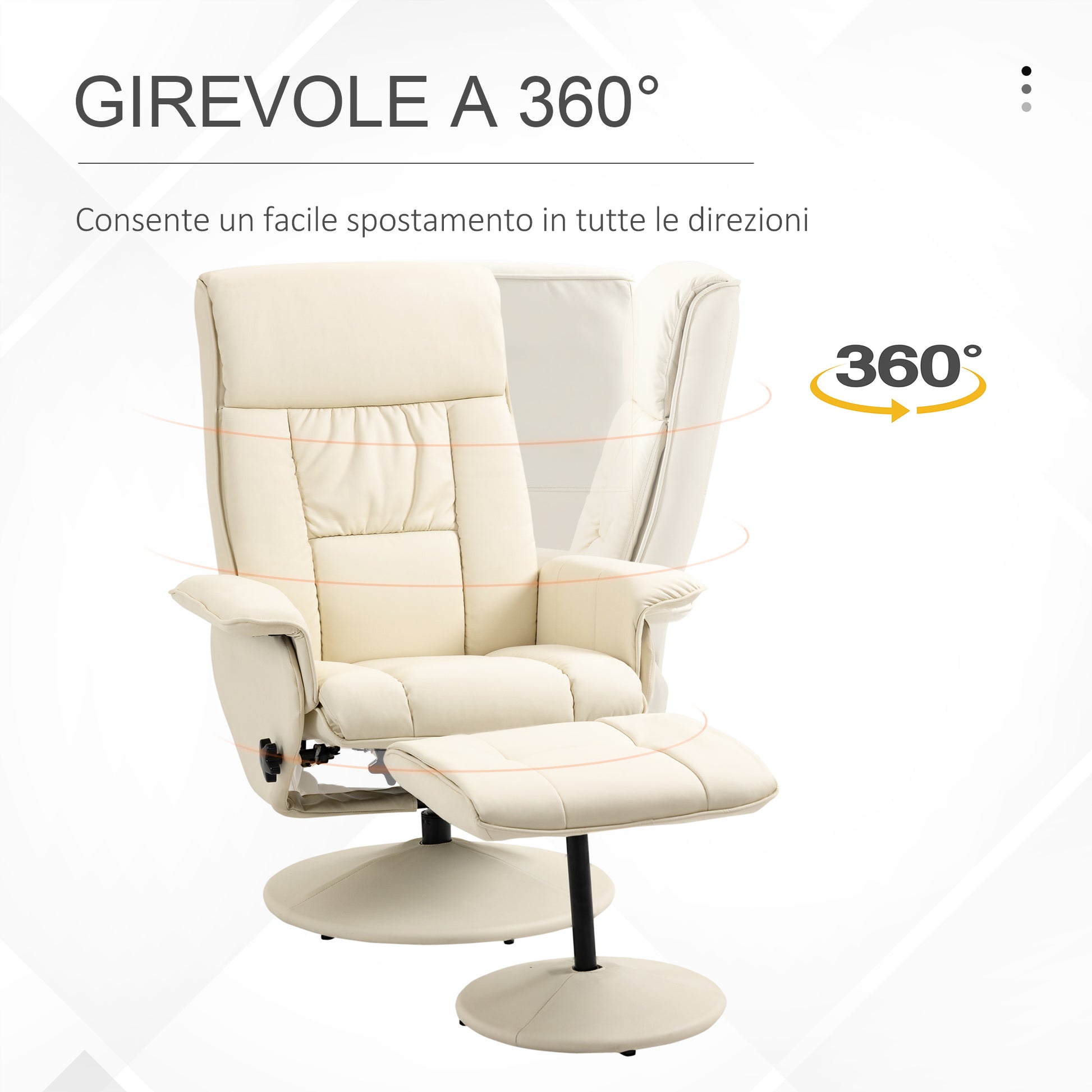 Reclining Relax Chair up to 135° with Swivel Seat and Matching Footstool, 78x84x110cm, Cream