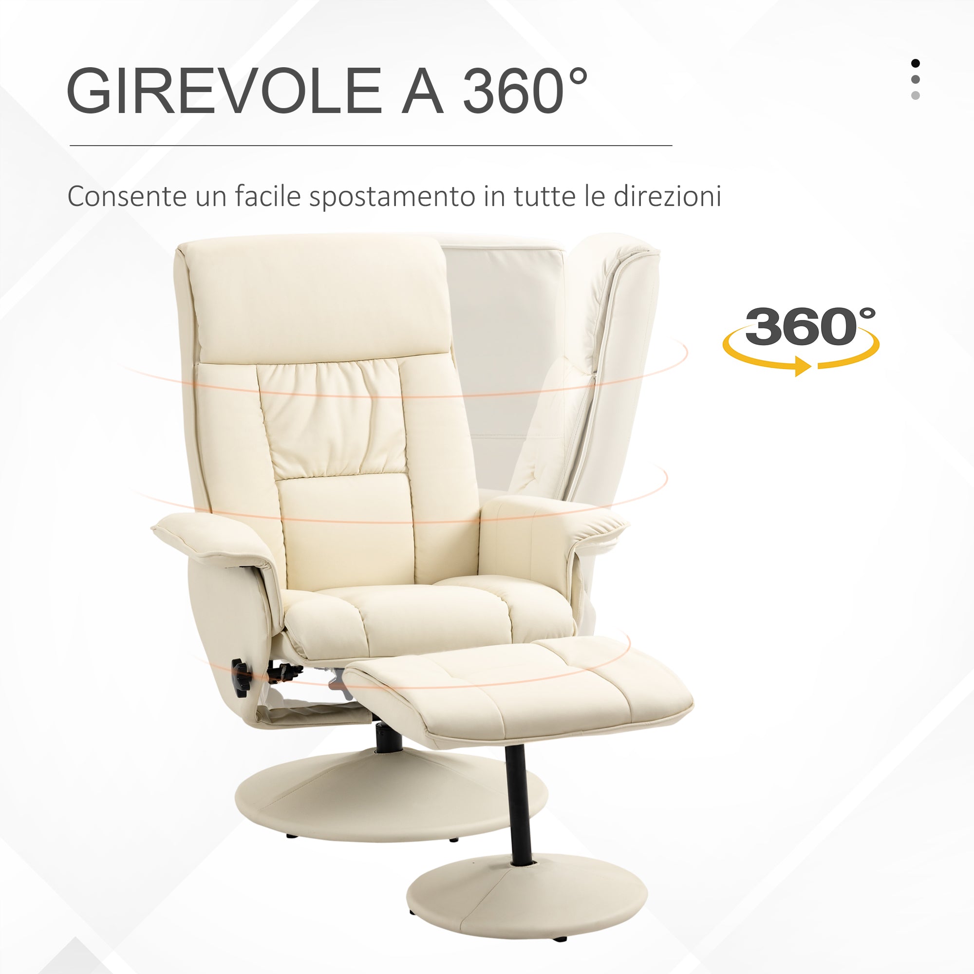 Reclining Relax Chair up to 135° with Swivel Seat and Matching Footstool, 78x84x110cm, Cream