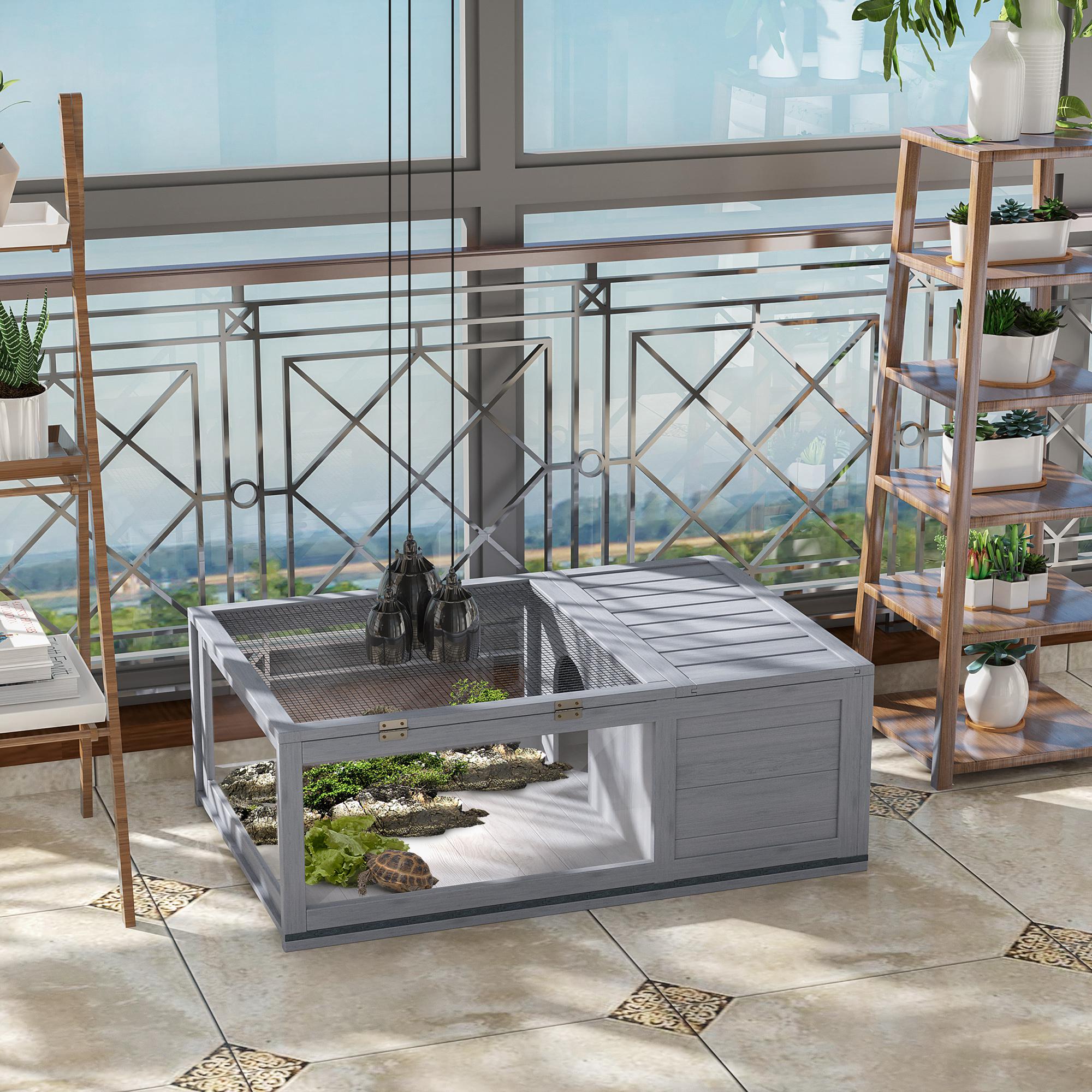 Wooden Turtle House Reptile Terrarium with Mesh Roof Removable Transparent Side Panels and Safety Latch Turtle Shed 91x60.5x32 cm Gray