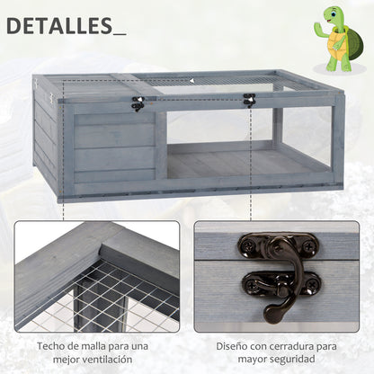 Wooden Turtle House Reptile Terrarium with Mesh Roof Removable Transparent Side Panels and Safety Latch Turtle Shed 91x60.5x32 cm Gray
