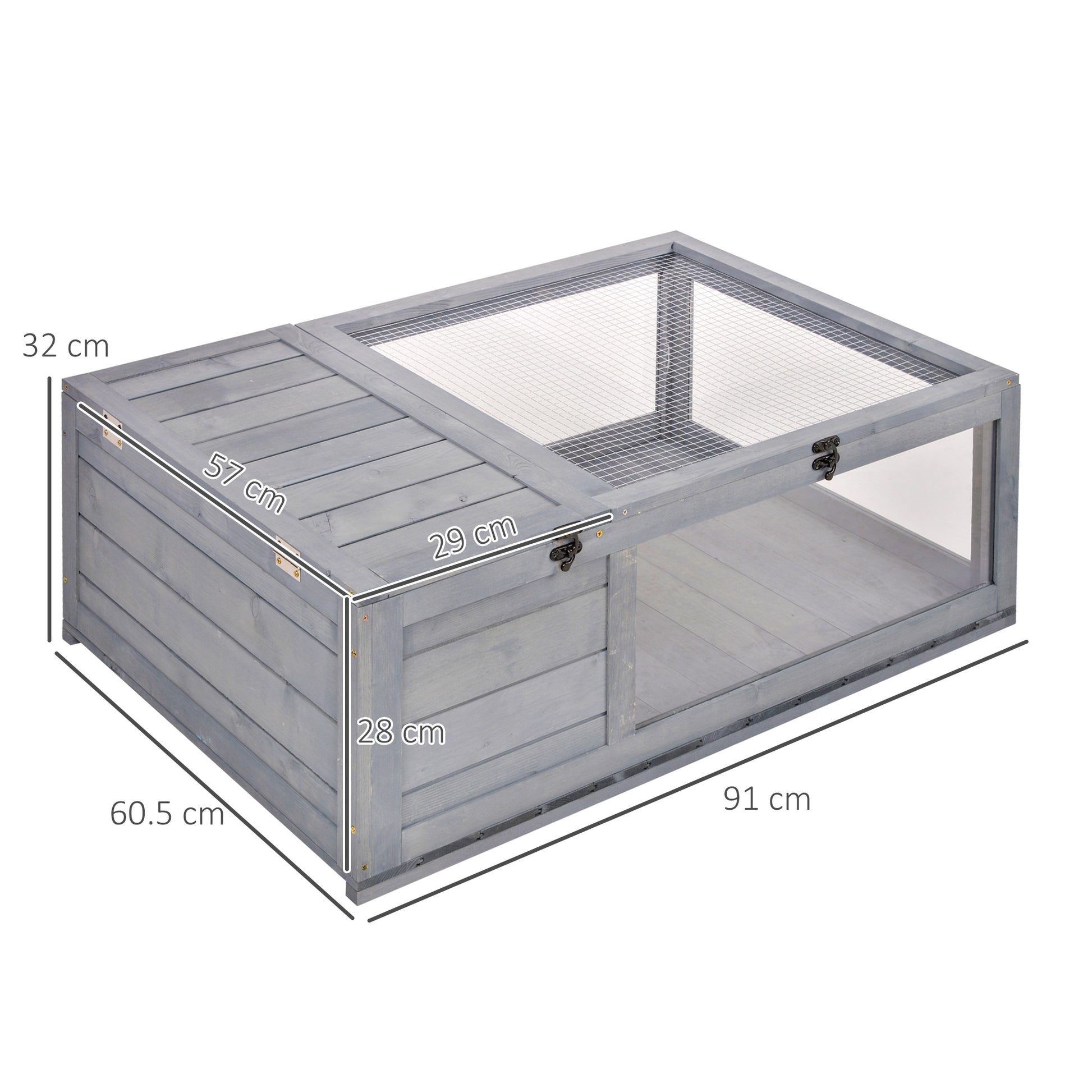 Wooden Turtle House Reptile Terrarium with Mesh Roof Removable Transparent Side Panels and Safety Latch Turtle Shed 91x60.5x32 cm Gray