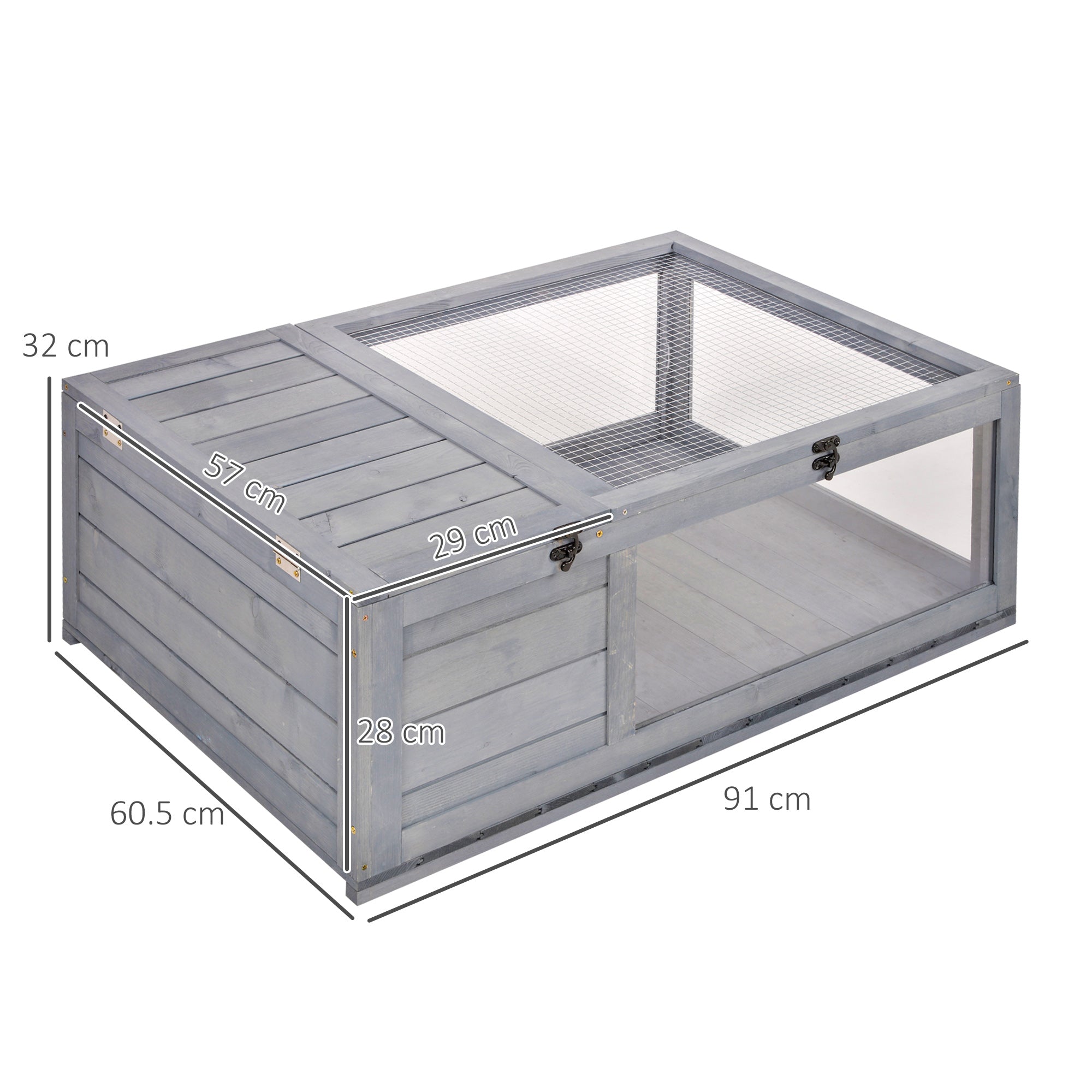 Wooden Turtle House Reptile Terrarium with Mesh Roof Removable Transparent Side Panels and Safety Latch Turtle Shed 91x60.5x32 cm Gray