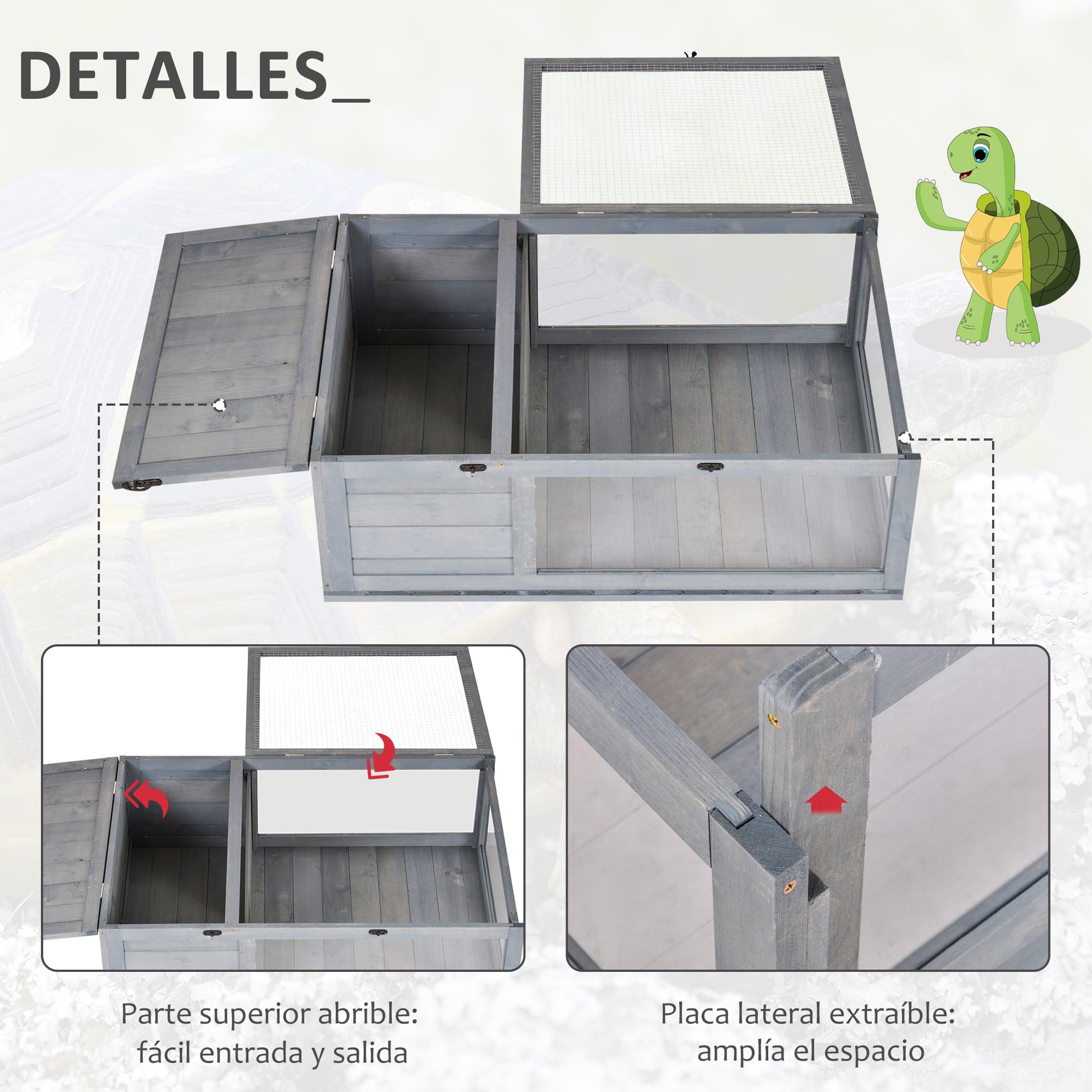 Wooden Turtle House Reptile Terrarium with Mesh Roof Removable Transparent Side Panels and Safety Latch Turtle Shed 91x60.5x32 cm Gray
