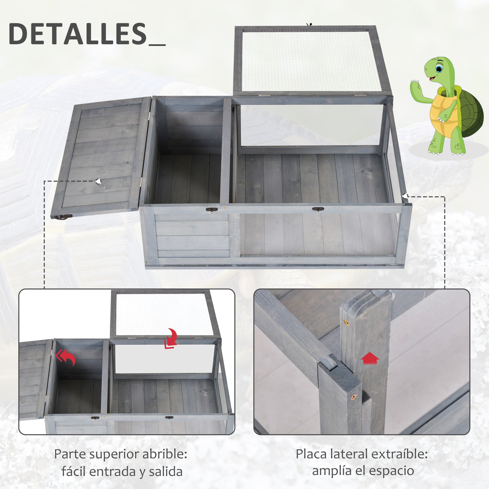 Wooden Turtle House Reptile Terrarium with Mesh Roof Removable Transparent Side Panels and Safety Latch Turtle Shed 91x60.5x32 cm Gray
