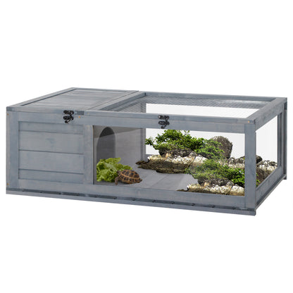 Wooden Turtle House Reptile Terrarium with Mesh Roof Removable Transparent Side Panels and Safety Latch Turtle Shed 91x60.5x32 cm Gray