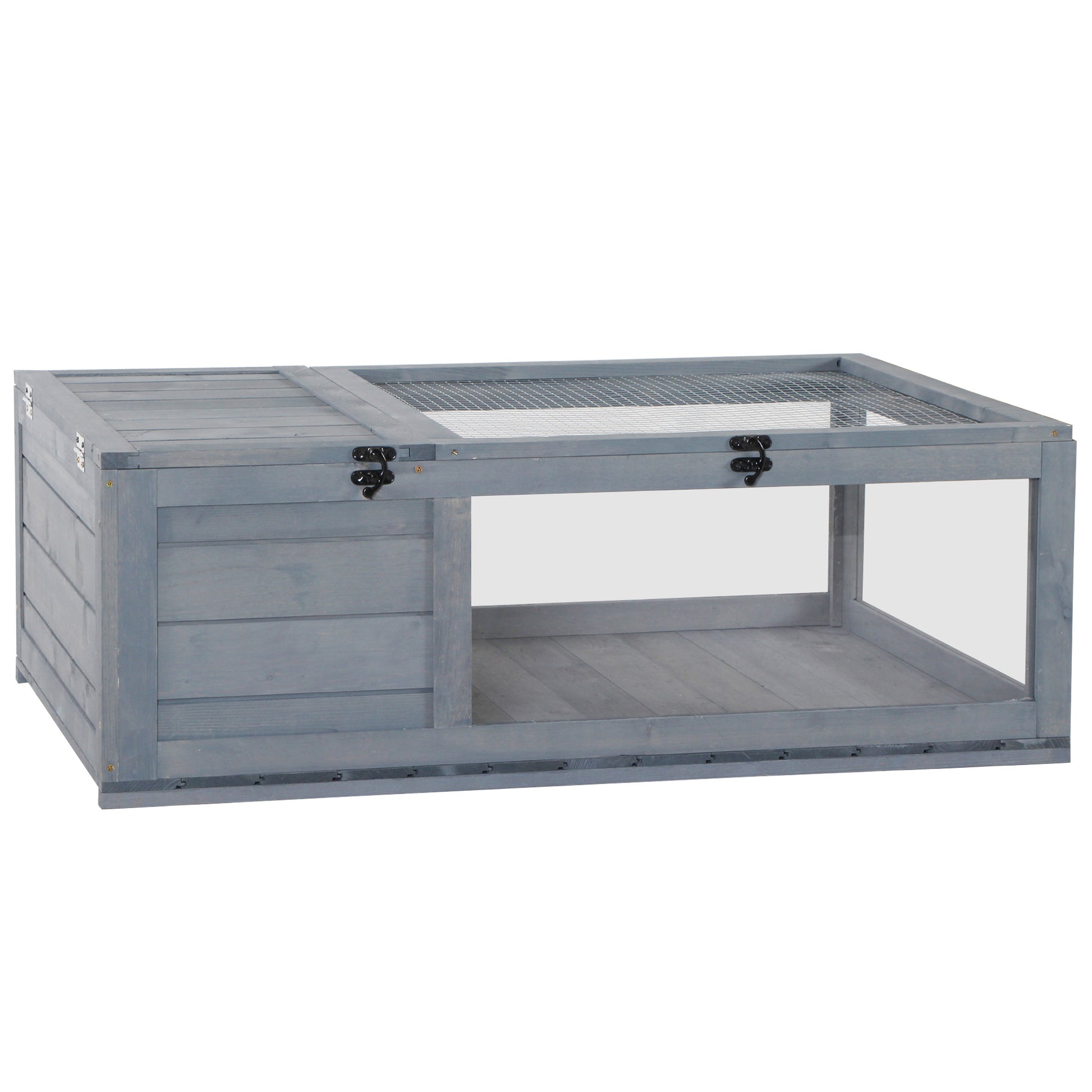 Wooden Turtle House Reptile Terrarium with Mesh Roof Removable Transparent Side Panels and Safety Latch Turtle Shed 91x60.5x32 cm Gray