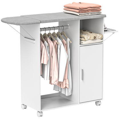 Wood Ironing Cabinet Ironing Board Foldable with Wheels Hanging Rail Open Shelf Adjustable Shelves for Living Room Bedroom 127x42.5x99 cm White