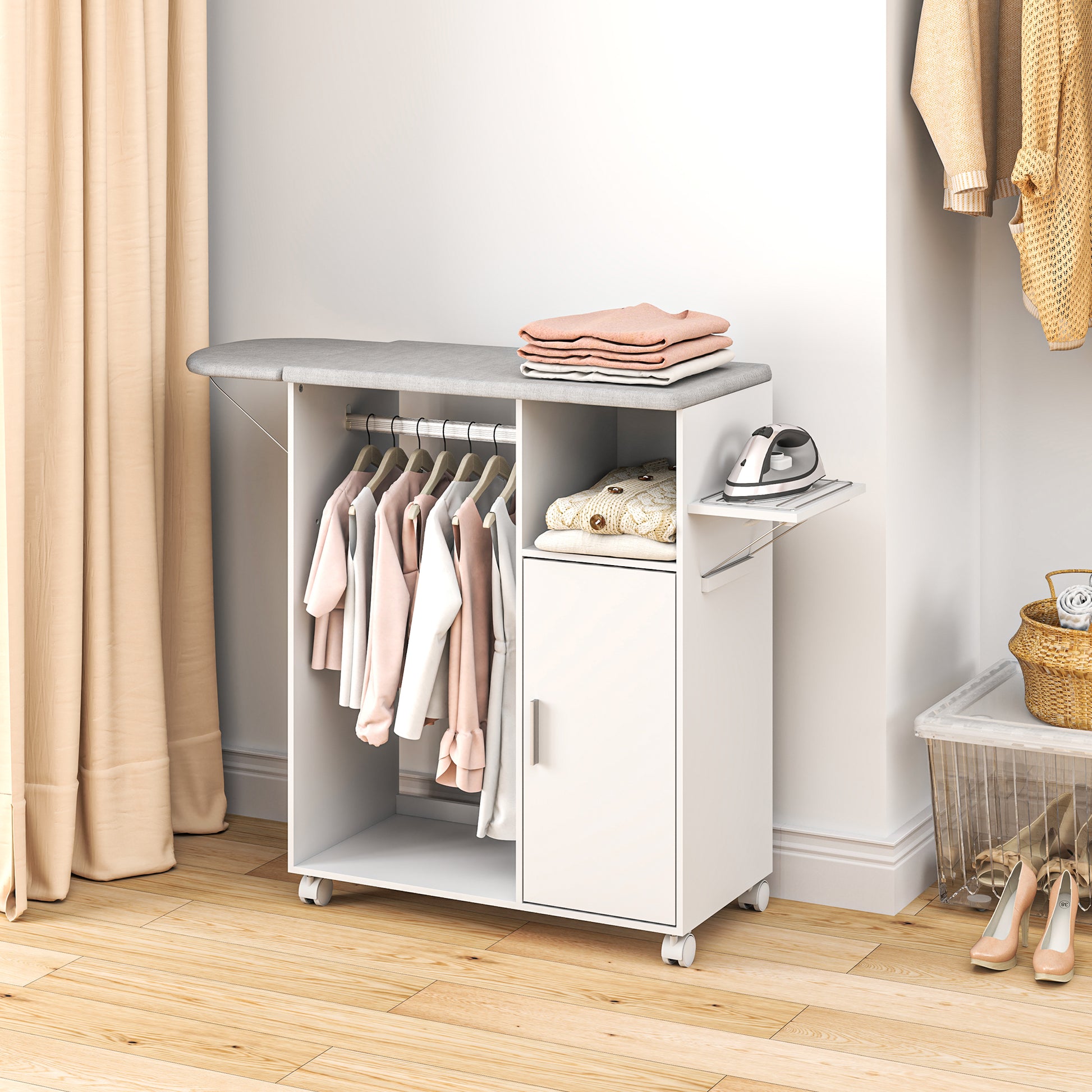 Wood Ironing Cabinet Ironing Board Foldable with Wheels Hanging Rail Open Shelf Adjustable Shelves for Living Room Bedroom 127x42.5x99 cm White