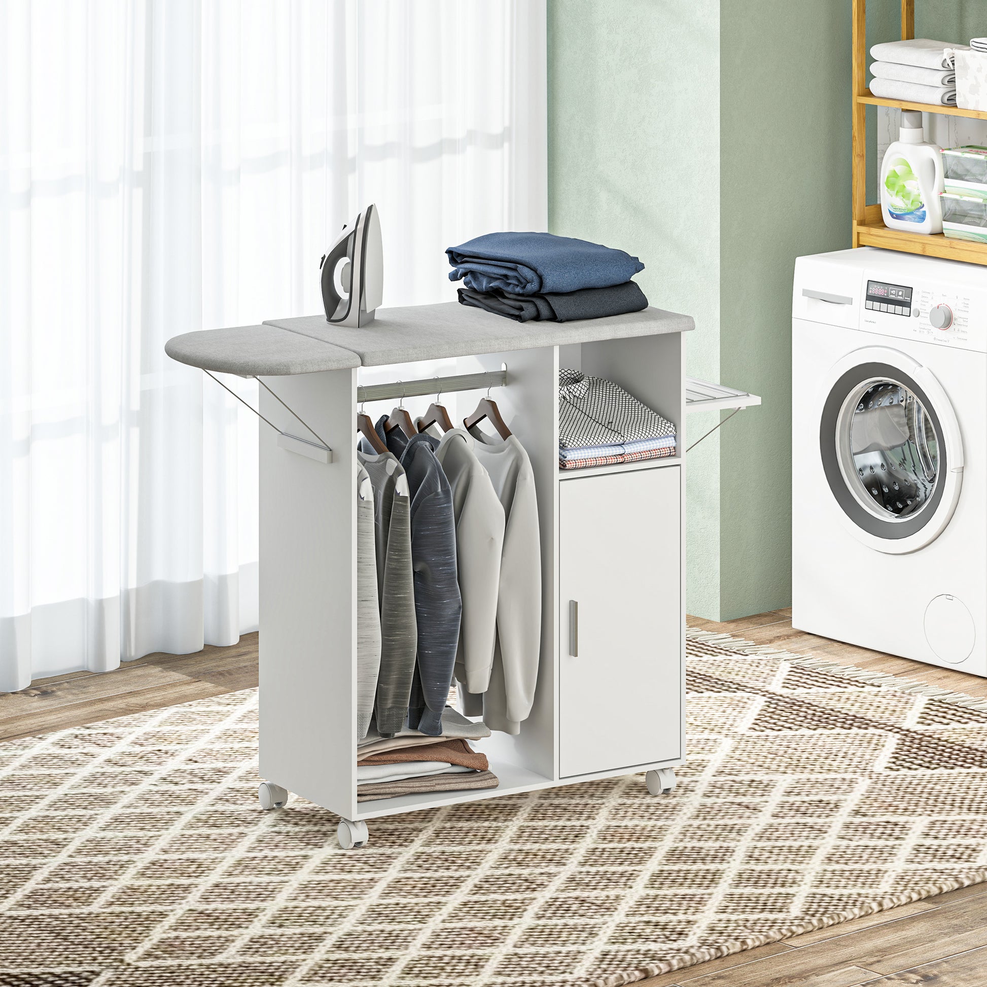 Wood Ironing Cabinet Ironing Board Foldable with Wheels Hanging Rail Open Shelf Adjustable Shelves for Living Room Bedroom 127x42.5x99 cm White