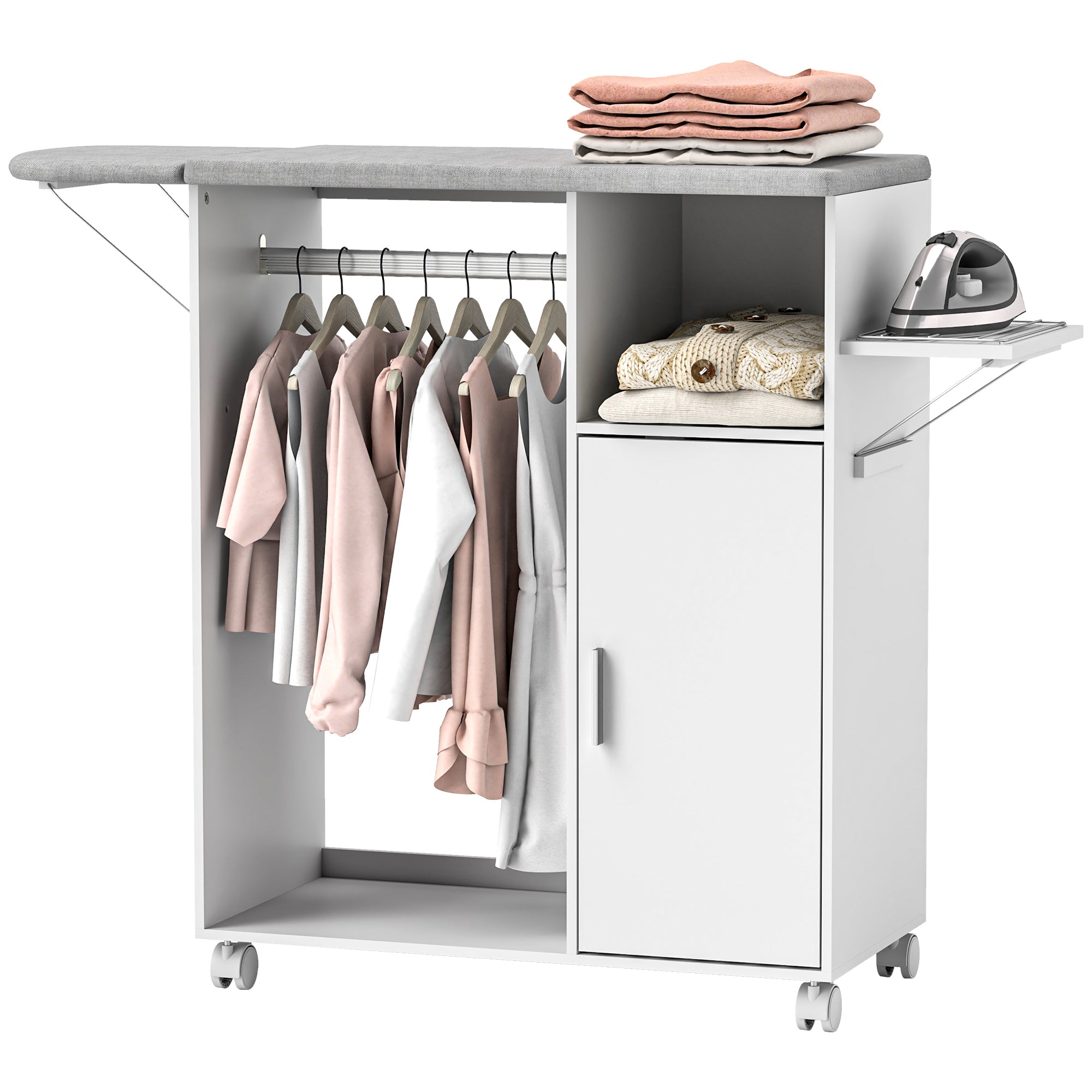 Wood Ironing Cabinet Ironing Board Foldable with Wheels Hanging Rail Open Shelf Adjustable Shelves for Living Room Bedroom 127x42.5x99 cm White